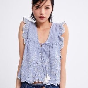 Zara white/blue eyelet tassel top